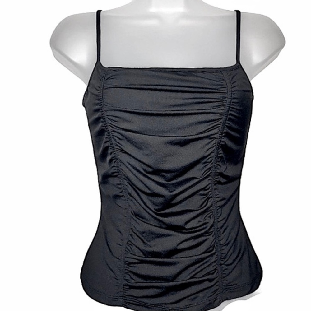 90s CACHE Essendi Padded Straight Neck Ruched Bikini Tank Top Black Small